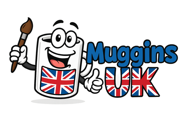 Cartoon character holding a paintbrush with 'Muggins UK' text and British flags on a white background