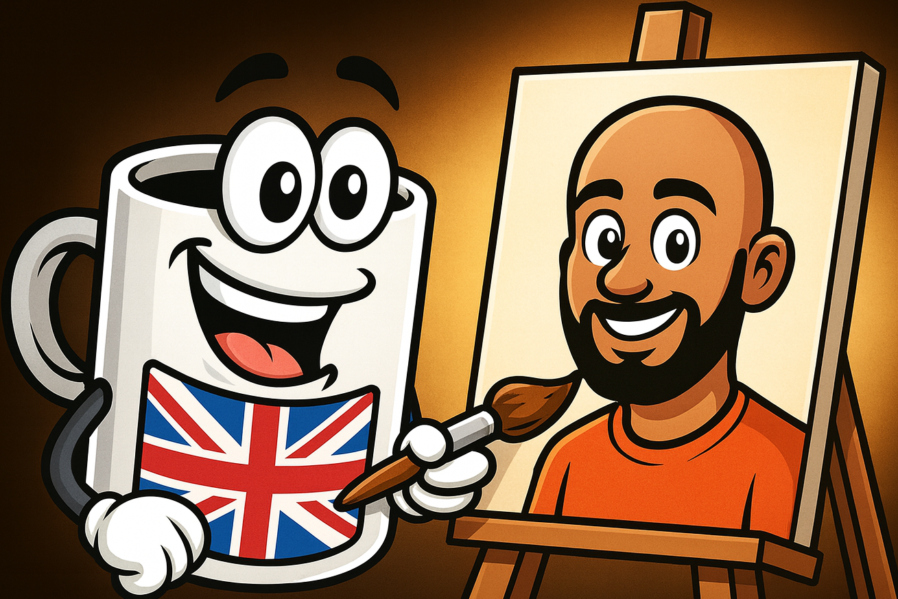 Cartoon mug with a British flag holding a paintbrush next to a painting of a man on an easel.