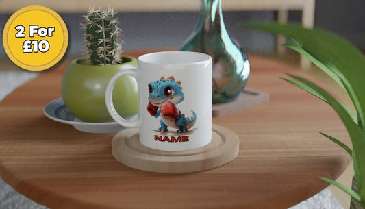 Mug with a cartoon Dinosaur character on a wooden table with decorative items.