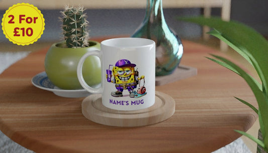 Mug with a cartoon character on a wooden table with plants and decor.