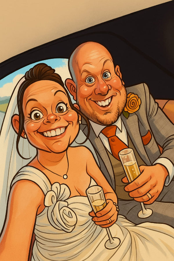 Cartoon illustration of a bride and groom holding champagne glasses, smiling.